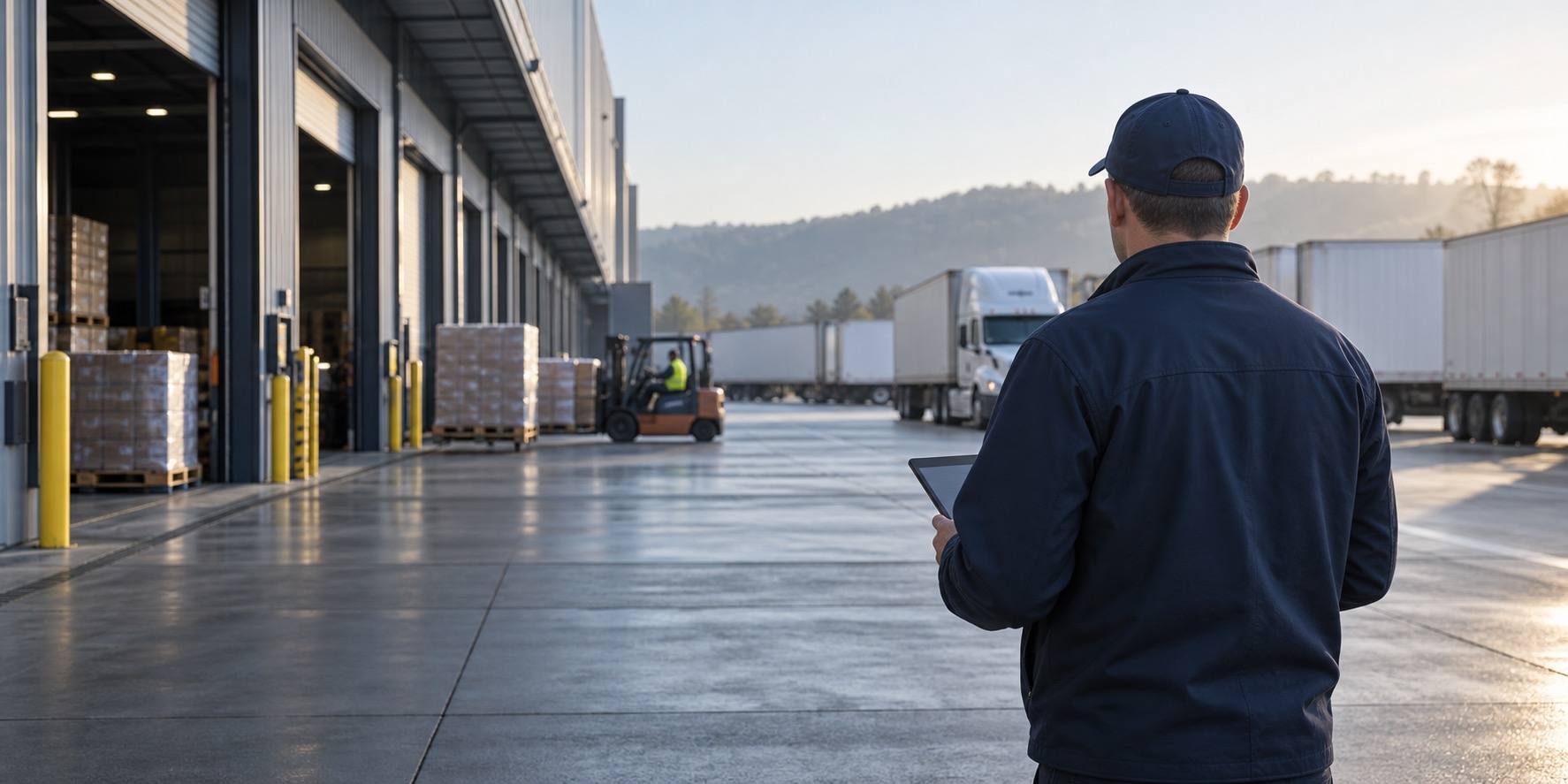 FOOR Logistics operator reviewing shipment details on a tablet at a freight warehouse